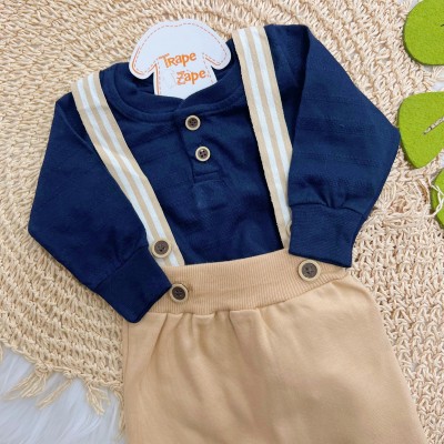 Conj. Body Manga Longa e Calça Saruel com Suspensório - Marinho